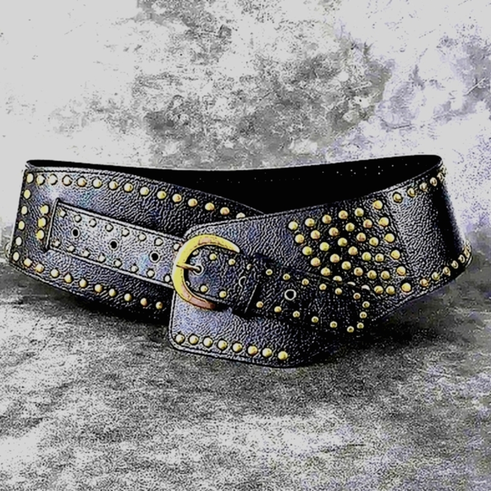 Wide Black Belt Studded 80s Style Rocker Size Medium Large M L Belts for women - Picture 2 of 14